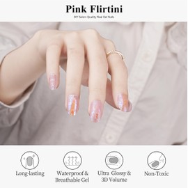 Drizzle Semi Cured Gel Nail Strips, Real Nail Polish Art Stickers (UV Light Required),Glitter, Solid Color, Full Wraps Long Lasting Waterproof, Nail Strips Decal for Women (Pink Flirtini-1)
