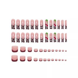 48Pcs Leopard French Tips Press on Toenails Fall Press on Nails Long Square Stick on Nails with Cherry Designs Full Cover Skin Tones Fake Toenails Glossy Summer False Toenails for Women DIY Manicure