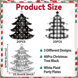 CHUNNIN 60PCS Christmas Paper Plates 11 x 9inch Xmas Christmas Tree Shaped Dinner Plates Black And White Buffalo Plaid Plates Christmas Party Tableware Set for Christmas Home Holiday Party Decorations
