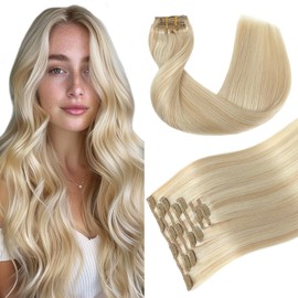 Youngsmile Hair Extensions for Women Real Human Hair 27 Caramel Blonde with 60 Platinum Blonde 18 Inch 120g 7pcs Soft Natural Remy Human Hair Clip in Extensions for Women(#27P60-18inch)