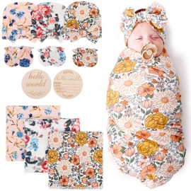 DRESHOW BQUBO Floral Swaddles for Baby Girl Newborn Receiving Blanket with Bow Hat Mittens Wooden Birth Announcement Card Set Baby Floral Print Swaddle Nursery Swaddle Wrap