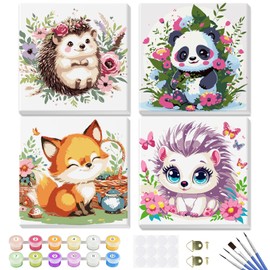 GHHKUD Paint by Numbers Kits for Kids Children & Adults, 4 Pack Canvas Painting by Numbers Kit Beginners, Cartoon Animals Kids Painting by Numbers with Wooden Frame, Acrylic Children Painting 8x8inch