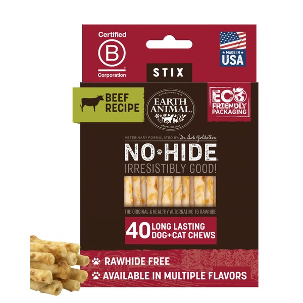Earth Animal No-Hide Stix Beef Recipe Natural Rawhide Alternative Dog