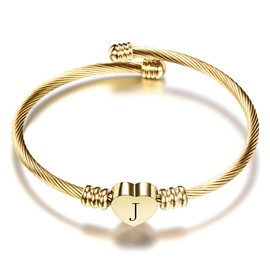 Chili Jewelry Initial J Letter Heart Gold Cuff Bracelets Expandable for Women Capital Name