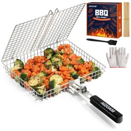 AIZOAM Grill Basket - Grill Baskets for Outdoor Grill, Stainless Steel Large Grilling Basket w Removable Handle, Portable Fish Grilling Rack for Grill Ideal Meat Fish Vegetables Grilling Accessories