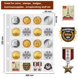 12 Sheets Coin Storage Coin Album 45 x 55 mm Coin Sleeves with 240 Pockets Scrapbook Coin Sheets Coin Pockets Coin Capsules with 3 Holes for Coin Penny Stamp Stamps Badges