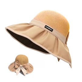 Sun Hats for Women UK – Khaki Foldable Wide Brim Straw Hat with Bow, Lightweight Summer Hat for Travel, Beach & Outdoor, UPF 50+ Sun Protection