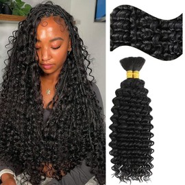 Licoville Human Braiding Hair Water Wave Curly Bundles Human Hair for Braiding 2 Bundle 100G/Pack 16 Inch Natural Black Human Hair for Boho Braids Deep Water Wave Boho Bundles No Weft
