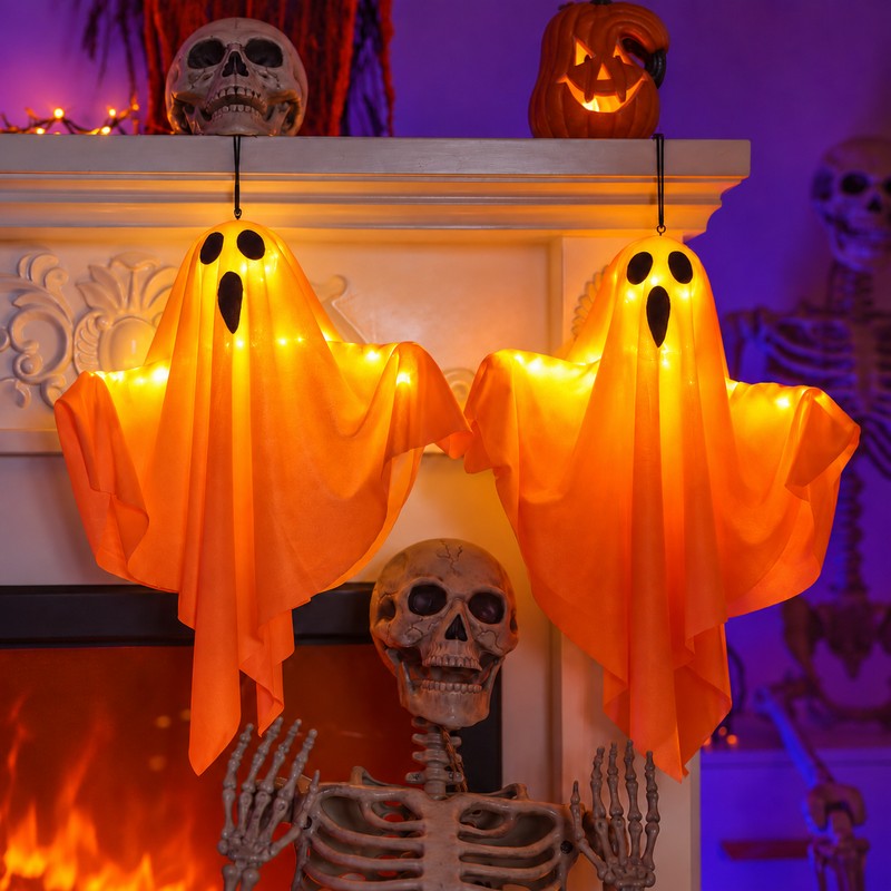 2-Pack Light-Up Hanging Ghost Decorations for Halloween – Warm LED