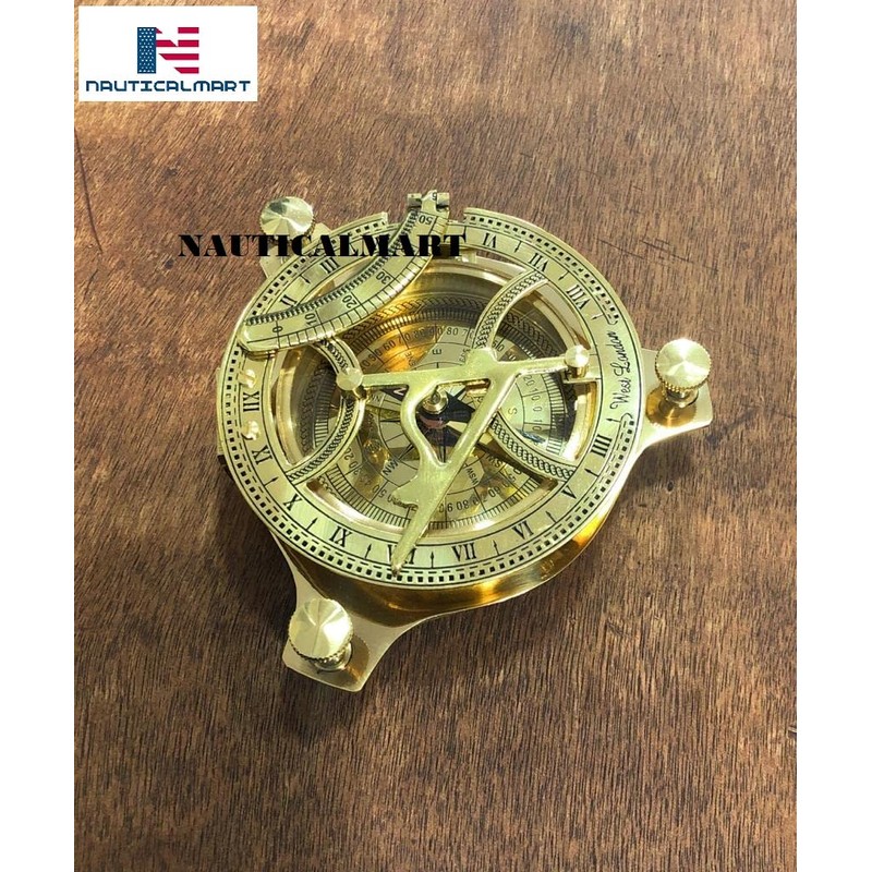 Captain Brass Sundial Compass with Hardwood Wooden Box Nauticalmart
