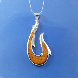 Gorgeous Hawaiian Large Genuine Koa Wood Fish Hook Necklace, Sterling Silver Fish Hook Pendant, N8861B