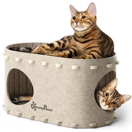 DownyPaws Cat House for Indoor Cats, Cat Bed Cave for Multiple & Large Cats Up to 22 Lbs, Scratch Resistant, Foldable Peekaboo Kitten Caves Tunnel Enclosed Bed, PeekaPurr, Cream