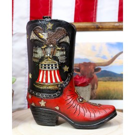 Ebros Gift 7" H Rustic Western Patriotic American Bald Eagle Clutching Independence Liberty Bell with US Flag and Cross Cowboy Boot Decor Figurine Or Floral Vase Planter in Faux Tooled Leather