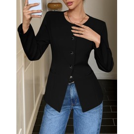 Cicy Bell Womens Business Casual Fitted Blazers Collarless Split Hem Work Office Button Down Suit Jackets Black