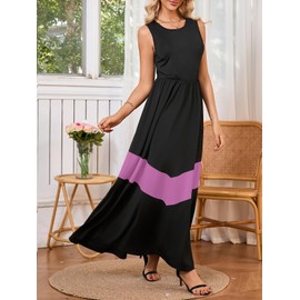 Women's Summer Colorblock Loose Tank Round Neck Dress Sleeveless Casual Holiday Flared Swing Beach Long Maxi Sundress Light Purple XX-Large