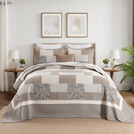VatinHK 100% Cotton 120"x128" Extra Wide Quilts - Farmhouse Patchwork Plaid Oversized California King Bedspread, XL 3 Pieces Soft Lightweight Quilt Bedding Sets for All Season, Gray/Beige/Brown