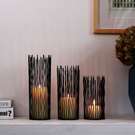 Black Metal Wire Willow Pillar Candleholder Set, Creative Hollow Geometric Candle Holder for Table Centerpiece Fireplace Mantel Decoration, Party, Wedding