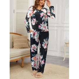 Famulily 2 Piece Night Suits for Women Premium Soft Maternity Pajamas V Neck T Shirt with Lounge Pants White L