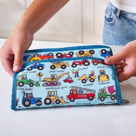 Tyrrell Katz Insulated Foldable Blue Kids Lunch Tote · Trucks Design Children's Lunch Bag · Made from Long Lasting RPET Polyester Fabric · Double Zip Opening · Size: 23 x 18 x 13 cm