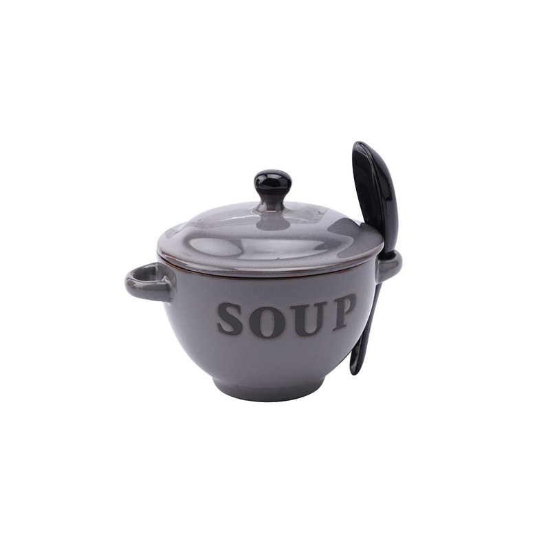 CGB Giftware Grey Stoneware 400ml Soup Bowl and Spoon Set