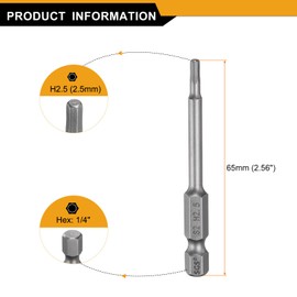 HARFINGTON 3pcs H2.5 Hex Head Drill Bit Wrench 2.5mm Metric Flat Tip 1/4" Hex Shank 65mm (2.56") Long Magnetic Hexagonal Screw Driver Socket Industrial Screwdriver Power Bits