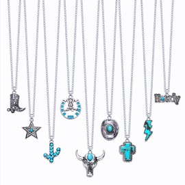 BVGA 9PCS Western Necklaces for Women Boho Turquoise Necklace Stainless Steel Hat Boots Cow Tag Horseshoe Necklace Western Cowgirl Cross Ligtning Cactus Pendant Necklace Jewelry Gifts