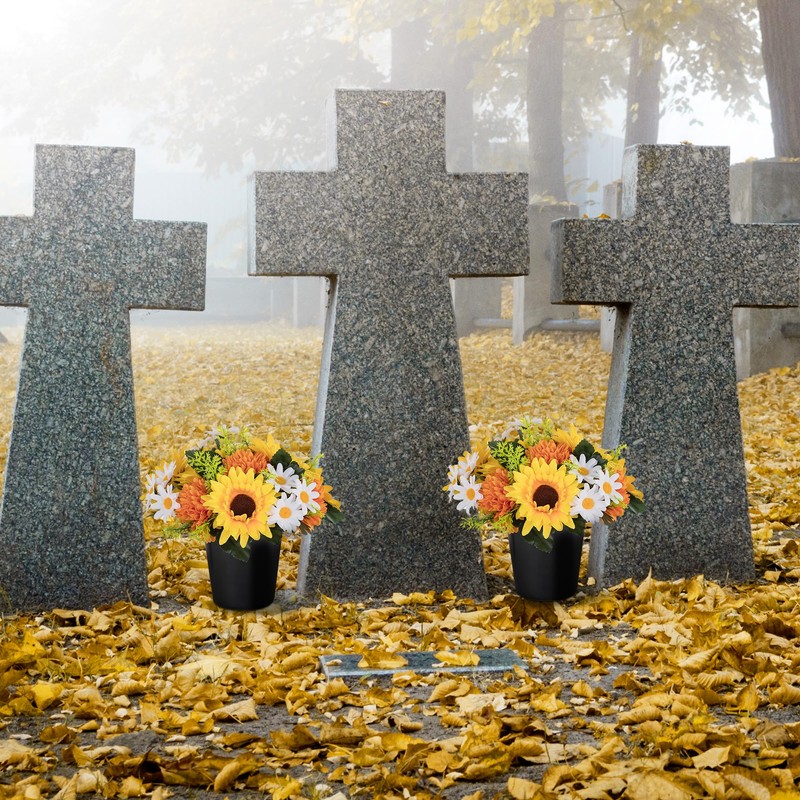 Memobloom Artificial Grave Flower Pots: 2 Pcs Graves Autumn Flowers