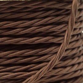 Art Deco Emporium PRE-CUT 1 Meter Length Vintage Styled British Mocha Brown Coloured Cloth Covered Braided Twist Flex - Electric Cable 3 Core; Electrical Wire 6Amp; Lighting Flex 0.75mm