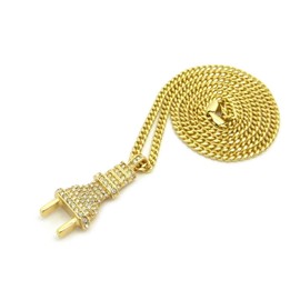 Shiny Jewelers USA Mens ICED Out Gold Electric Power Plug Pendant Box, Rope, Cuban Chain Necklace (Small Pendant Cuban Chain)