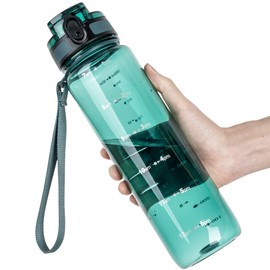 OLDLEY 32 oz Water Bottle, Motivational Water Bottle with Time Marker, Sports Water Bottle With Strap, Leakproof & BPA Free Large Water Bottles for School, Gym, Travel, Tritan, Transparent Dark Green
