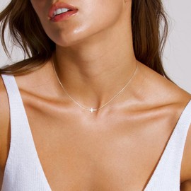 ASCOMY Cross Necklace for Women 14K Silver Plated Cross Necklace Trendy Cross Pendant Necklace Silver Box Chain Sideways Cross Choker Necklace Minimalist Daily Jewelry Gift for Women