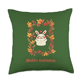 Cozy Autumn Mood Gifts Hello Autumn Cute Bunny Fall Foliage Throw Pillow, 18x18, Multicolor