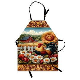 Ambesonne Farmhouse Apron, Country Life Rooster in Daisy Garden Leafy Victorian Details Summer, Unisex Kitchen Bib with Adjustable Neck for Cooking Gardening, Adult Size, Apricot Ruby Olive Green