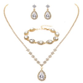 Unicra Bride Crystal Necklace Earrings Bracelet Set Bridal Wedding Jewelry Sets Rhinestone Prom Costume Jewelry Set for Women and Brides (D-3 Pack Gold Necklace Bracelet Earrings)