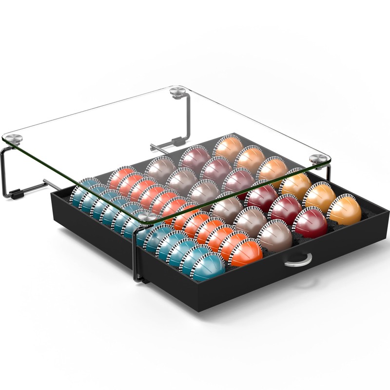 DecoBrothers Crystal Tempered Glass Vertuo Pod Holder Drawer, 30 Large