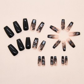 Black French Tip Press on Nails Long Square Fake Nails Butterfly Flower Design Stick on Nails Ombre False Nails Artificial Full Cover Acrylic Glue on Nail for Women Nail Art Decoration 24Pcs