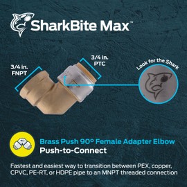 SharkBite Max 90 Degree Female Adapter Elbow, 3/4 Inch Push-to-Connect x 3/4 Inch FNPT, Brass Plumbing Fitting, UR314A