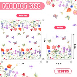 120 PCS Spring Floral Napkins Disposable, Elegant Wildflower Butterfly Design, 3-Ply Decorative Paper Hand Towels for Wedding, Bridal Shower, Baby Shower, Birthday, Tea Party & Table Decor