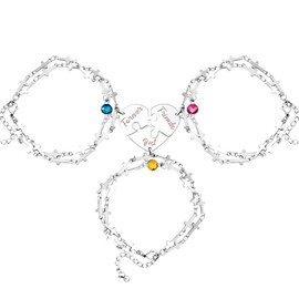 Uloveido Best Friends Forever Bracelet Set of 3 - Customized Layered Stainless Steel Cross Link Chain for Friends - Bridesmaid Birthstone Jewelry with Heart Puzzle Piece for Christian Birthday Gift