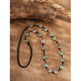 MINACHI Hippie Boho Blue Ceramic Bead Long Strand Necklace, Black Waxed Cord, Bohemian Beach Summer Jewelry Gift for Women