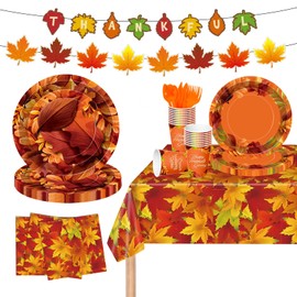Sertokm Thanksgiving Party Plates and Napkins Set – 170PCS Fall Party Supplies with Tablecloth Set for 24 Guests, Cups, Cutlery, Banner for Fall Harvest Dinner, Friendsgiving