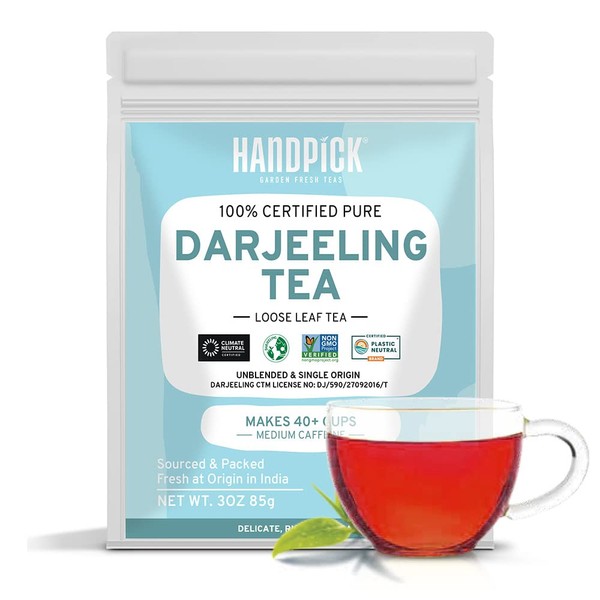 HANDPICK, Darjeeling Tea (85g/3oz) +40 Cups | Non-GMO, Med Caffeinated, 100% Pure Darjeeling Black Tea Loose Leaf, Resealable Zipper Pouch | Powerful Antioxidants