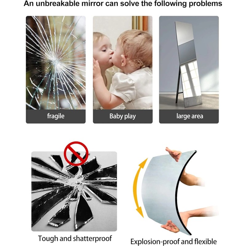 Unbreakable Plexiglass Acrylic Mirror for 8"L x 8"W, Silver