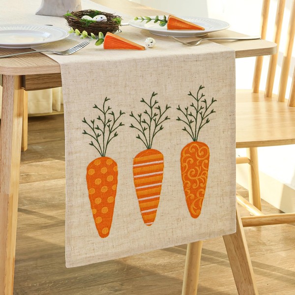 MelonBoat Easter Linen Table Runner: 72 Inch Embroidered Easter Carrots