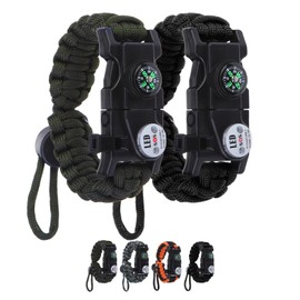 NESAYVER Adjustable Survival Paracord Bracelet, 2 Pack Emergency Fire Starter Kit with Loud Whistle Compass Light Flint Steel for Hiking Fishing Hunting, Tactical Gear Equipment Multitools Black Green