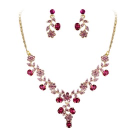 Ever Faith Women's Wedding Jewelry Set for Bride Bridesmaid Leaf Cluster Flower Austrian Crystal Dangle Earrings Pendant Necklace for Costume Prom Pink Gold-Tone