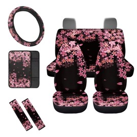 Mumeson Cherry Blossom Car Seat Covers Full Set and Steering Wheel Cover,Seat Belt Covers,Car Interior Armrest Cushion Pad Full Set of 8 Pack Auto Interior Decor Accessories Pink