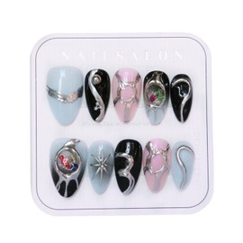 CAMILCY Press on Nails Handmade Nails Luxury Reusable Fake Nails For Girls Short Almond Armor Blue Pink Black Diamonds HandPainted Salon Loveful Design Acrylic GelUV Finished For Women 3DNails 10PCS M