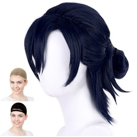 CaseEden Cosplay Wig, Summertime Render, Shinpei Ajiro, Short, Blue Black, Navy Blue, Black, Navy Blue, White Merche Wig Net, Set of 2
