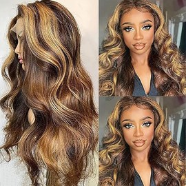 Shoaiye 13 x 4 Lace Front Real Hair Wig, Women's Body Wave Human Hair Wig, Wear and Go Glueless Remy Pre-Plucked Natural Hairline, 150% Density, Highlight Blonde Colour for Woman, 26 Inches